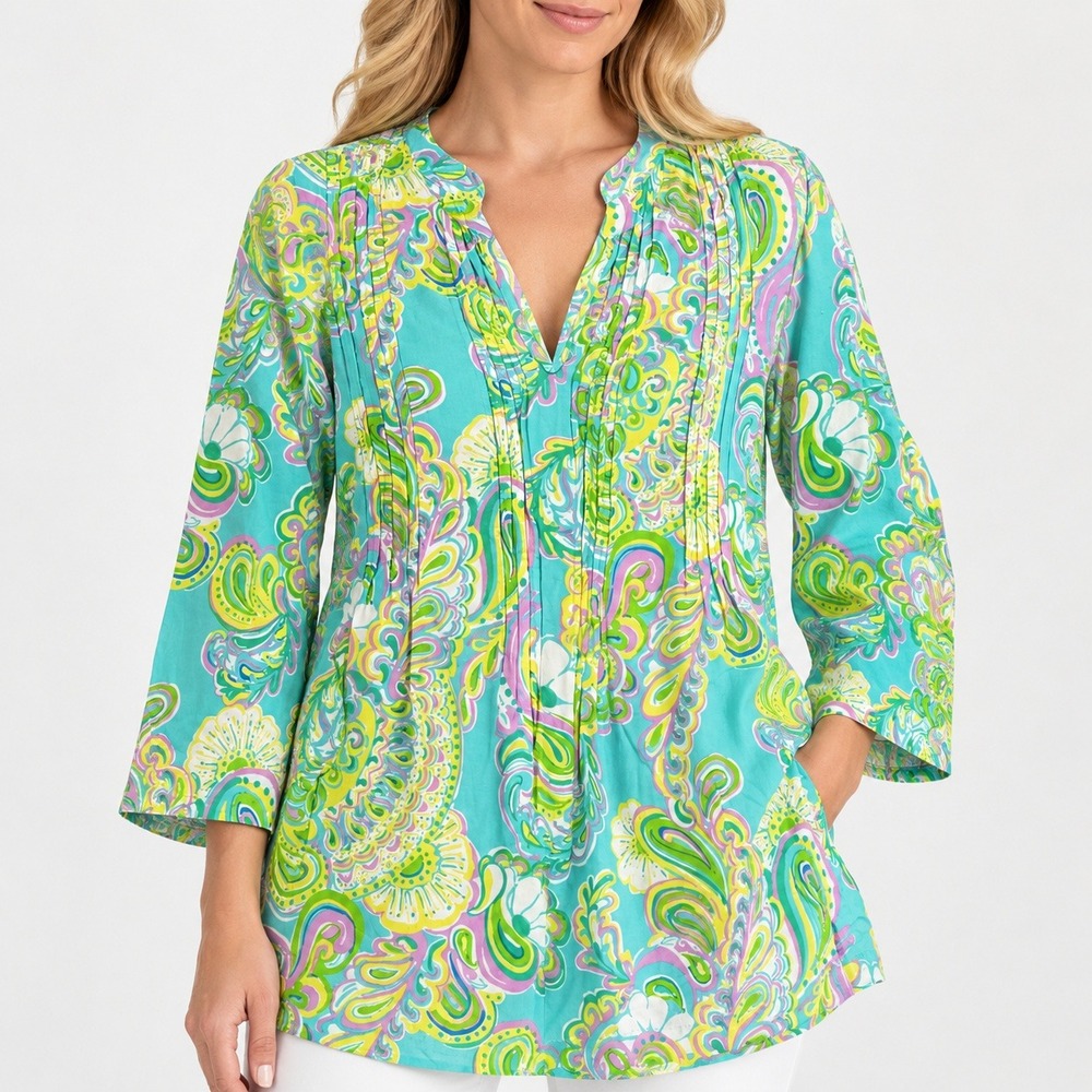 Lilly Pulitzer Tunic Top Womens Large Blue Pink Paisley Pintuck Rayon Blouse
